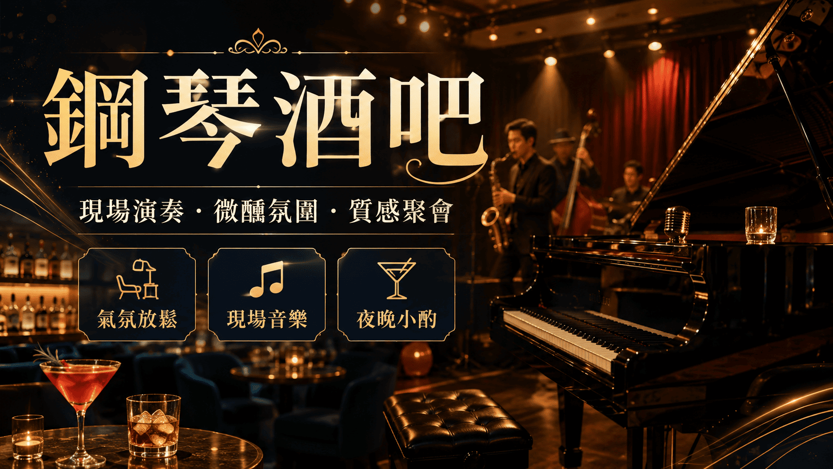 鋼琴酒吧更偏向高質感社交空間,除了現場音樂演奏,也重視整體氛圍。