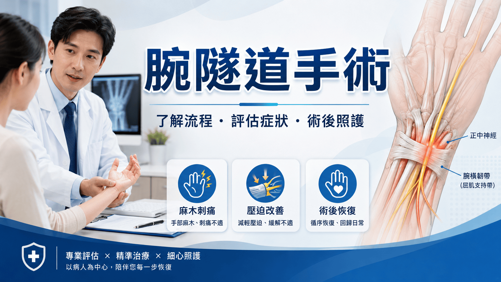 腕隧道症候群是常見的手部神經壓迫問題，主要和手腕處正中神經受到壓迫有關。