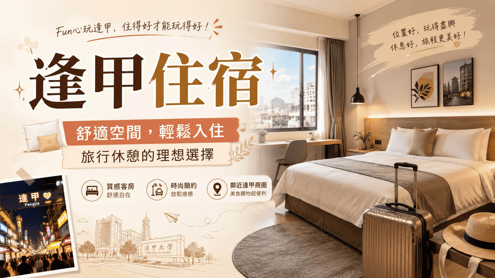 到台中旅遊時,許多人會優先搜尋逢甲住宿,因為逢甲夜市、美食商圈、交通動線與生活機能都很方便。