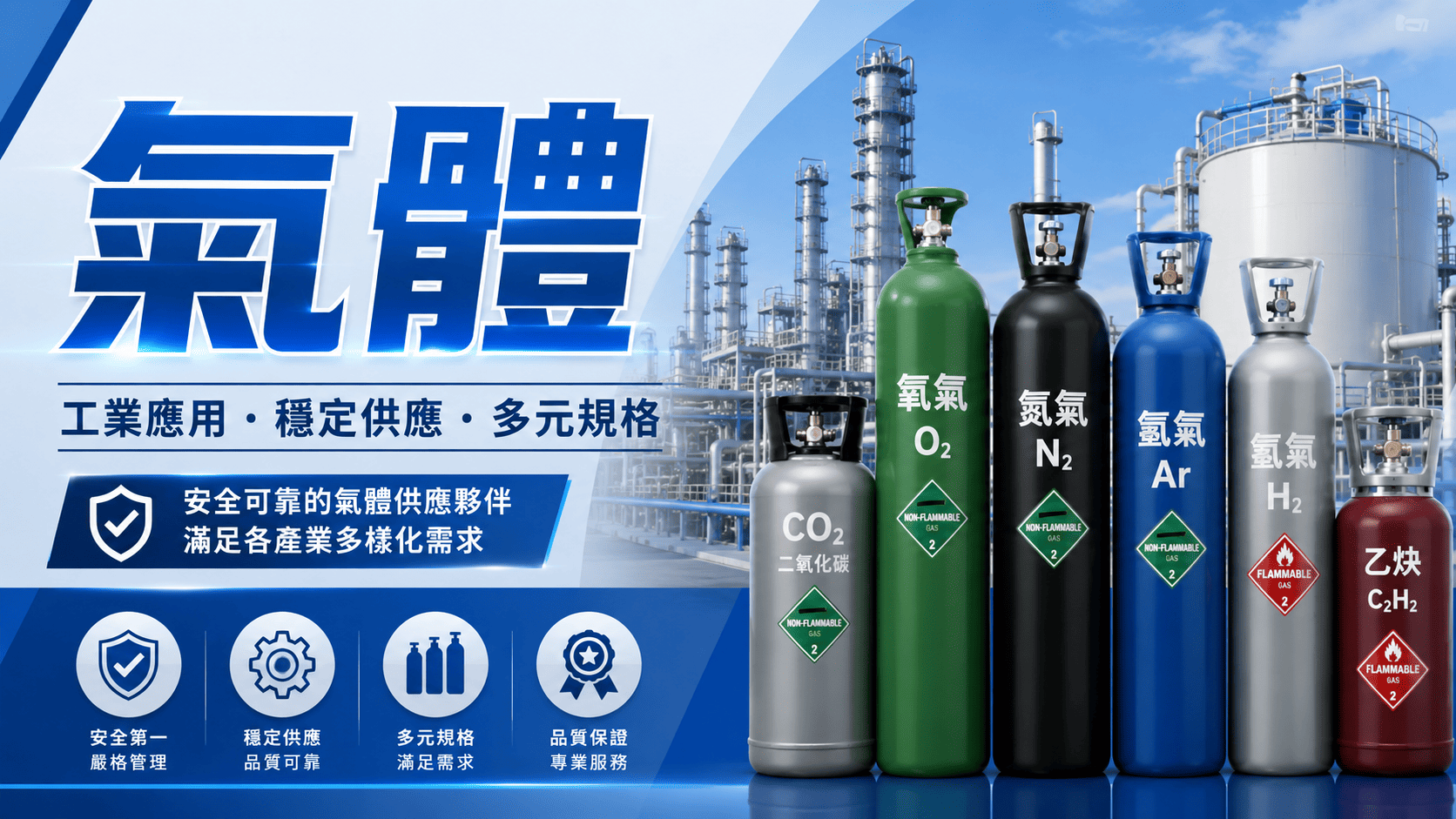 氣體供應在製造業、焊接、半導體、醫療、食品、實驗室與環保產業中都扮演重要角色。