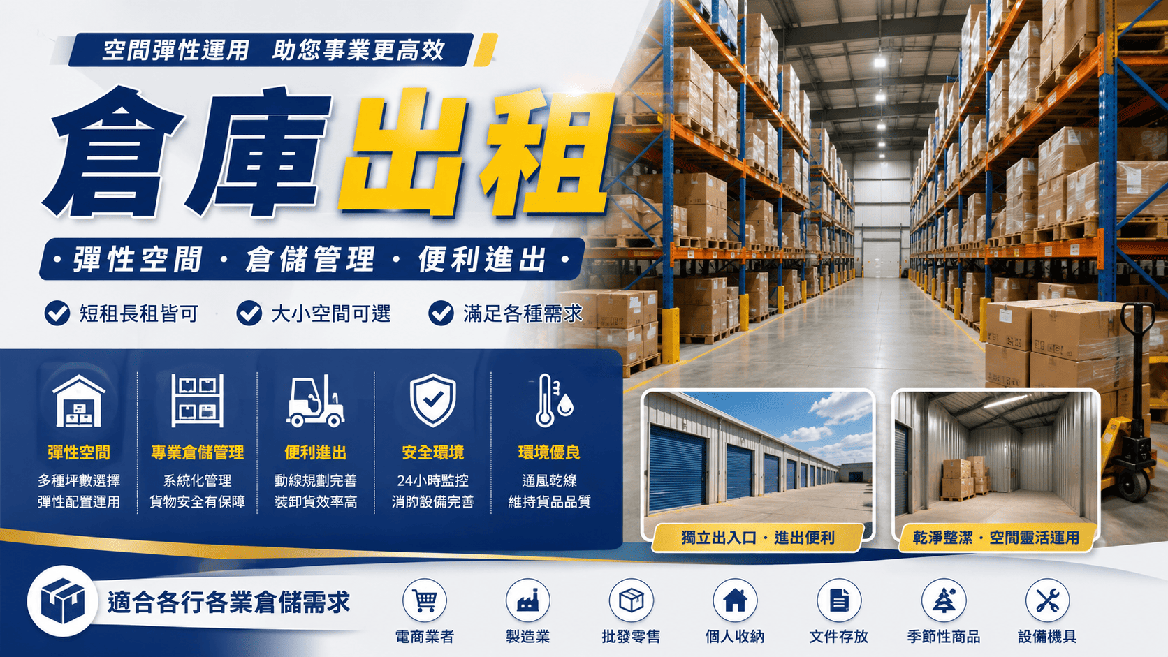 倉庫出租常見於電商、批發、物流、工廠備料、設備暫放。