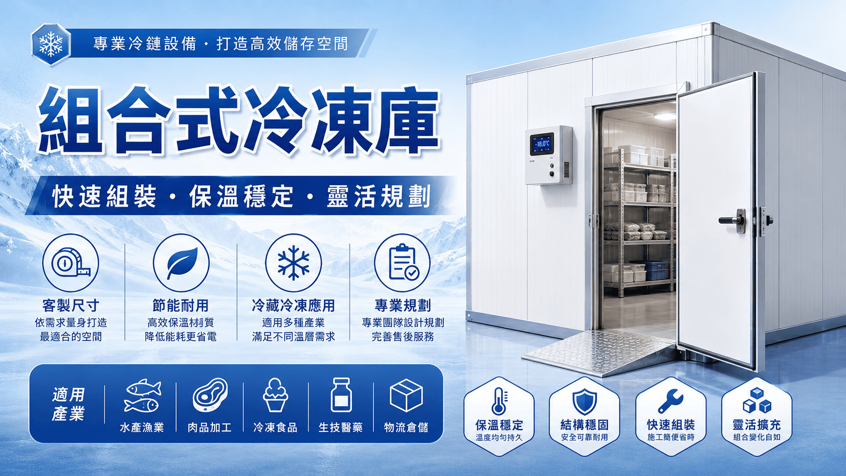 相較於一般冷凍設備，組合式冷凍庫能依照空間尺寸與使用需求客製規劃