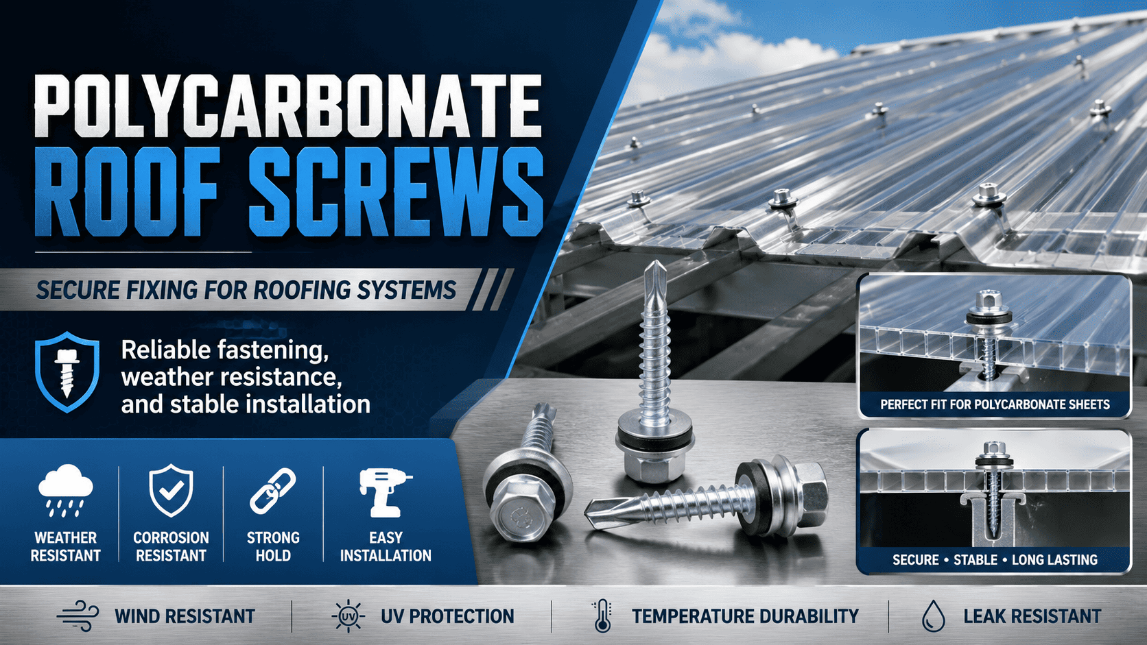 Polycarbonate Roof Screws are specialized fasteners used to secure polycarbonate roofing sheets in applications such as pergolas