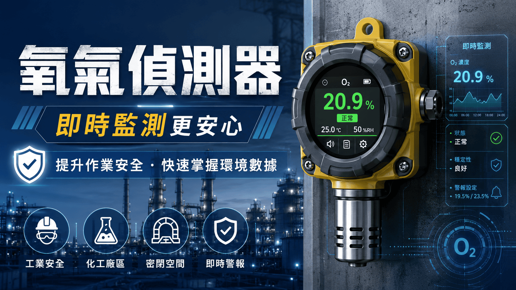 氧氣偵測器是用來監測環境中氧氣濃度的安全設備,常見於密閉空間、工廠