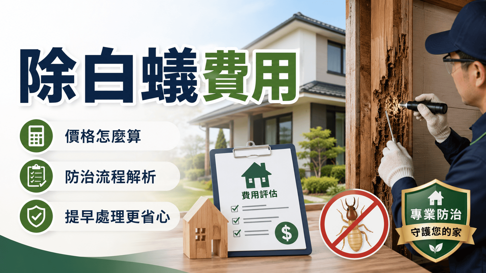 除白蟻費用會受到空間大小、侵害範圍、建築結構、處理方式、藥劑、保固與後續追蹤影響。