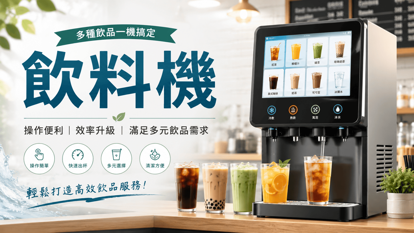 飲料機常見於餐廳、早餐店、速食店、咖啡店、飯店、便利商店、辦公室與活動場地。