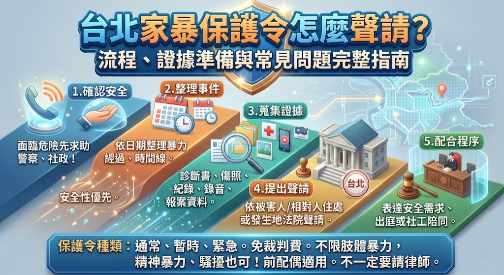 遇到家庭暴力、恐嚇、騷擾或人身安全受到威脅時,了解台北家暴保護令的聲請方式相當重要。本文整理台北家暴保護令的適用情況、通常保護令、暫時保護令與緊急保護令差異,並說明聲請流程、可準備的證據資料、法院管轄、費用影響因素,以及是否需要律師協助等重點,同時整理10個常見問題,協助民眾在面對家庭暴力事件時,更快掌握保護令制度與後續處理方向,並依個案情況尋求適當的法律與安全協助。